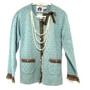 Storybook Knits Charm & Grandeur Cardigan Blue Lace Sweater Women XS New NWT‎